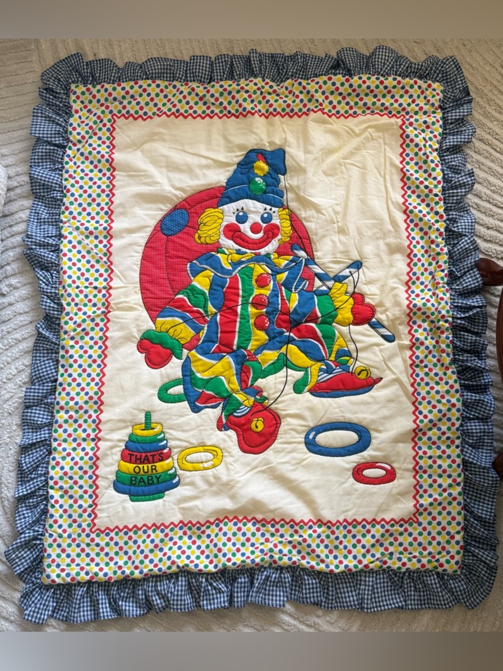 Vintage Clown Baby Quilt Blanket Polka Dot Ruffle Nursery Retro 90s 45 x 37in